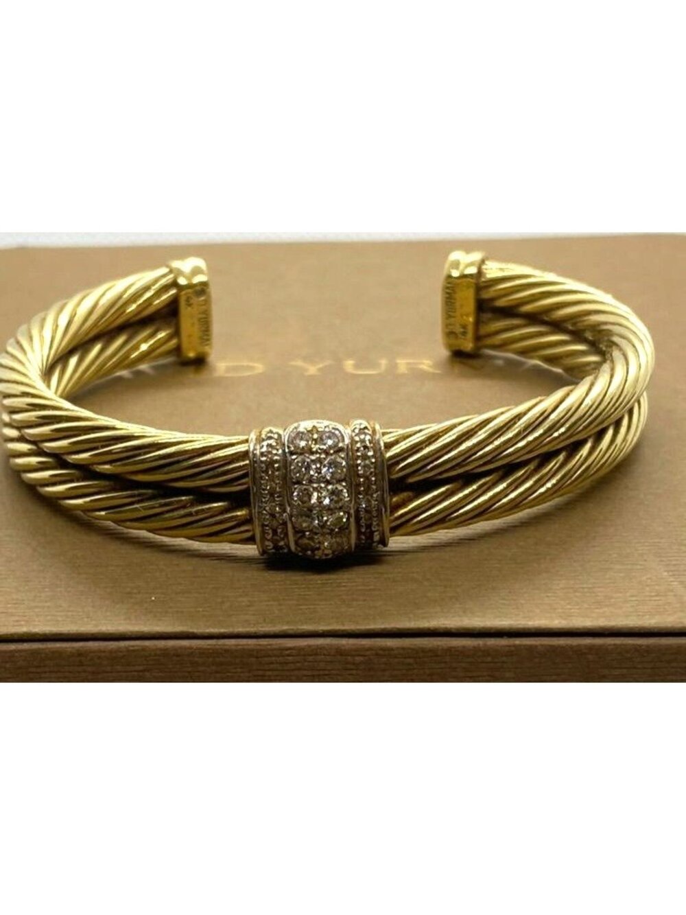 David Yurman 14k Yellow Gold Double Cable Cuff Diamond Bracelet 6.5''